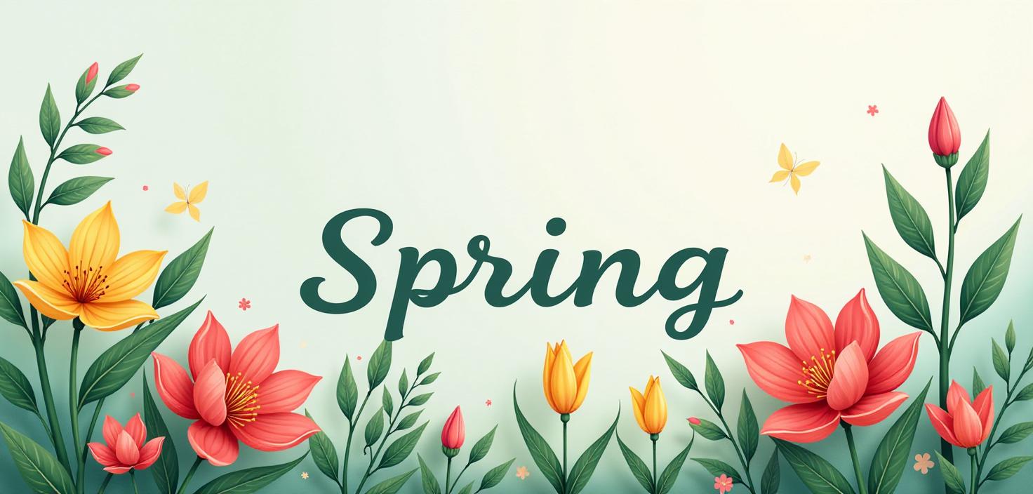  the inscription "spring season" with plants, leaves and bright flowers. the concept of "hello, spring". template for greeting card, invitation, banner, post