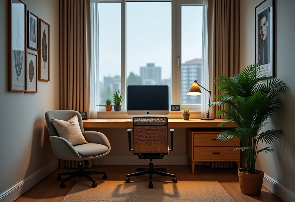  a landscape photo of a stylish home office corner in a small apartment, featuring a floating desk, ergonomic chair, minimalist shelving, and a large indoor plant hyperrealistic, full body, detailed clothing, highly detailed, cinematic lighting, stunningly beautiful, intricate, sharp focus, f/1. 8, 85mm, (centered image composition), (professionally color graded), ((bright soft diffused light)), volumetric fog, trending on instagram, trending on tumblr, HDR 4K, 8K