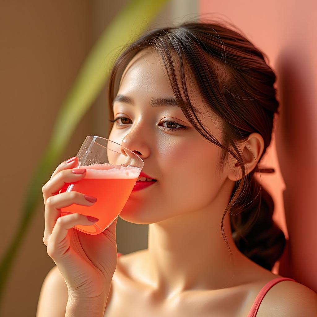  the girl enjoys a sip of coral club collagen.