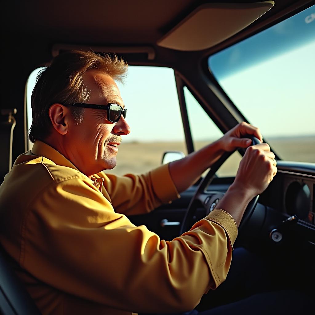  chuck norris driving a chevrolet and is looking out of the window. on the door is written „gm stellary“