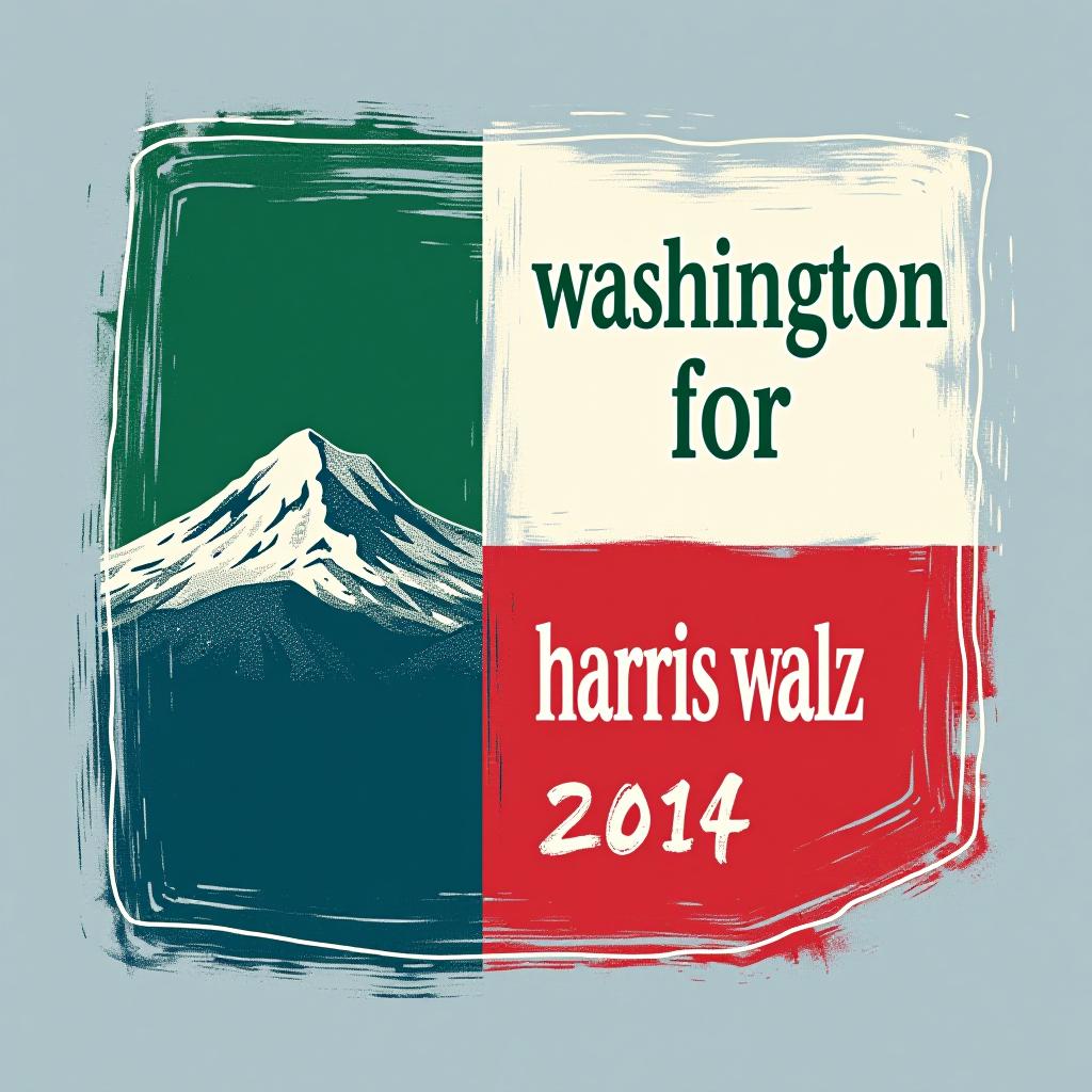  a tshirt design inspired by the washington state flag. the left side features a green vertical stripe with a large mountain in the center. the right side is divided into two horizontal sections: the top section is white with the text 'washington for' in bold, green, uppercase letters, and the bottom section is red with the text 'harris walz 2024' in bold, white, uppercase letters. the overall layout is clean and straightforward, with a clear and patriotic color scheme of blue, white, and red.