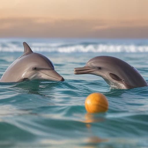 A man, with Dolphin Playing with the ball in Macro Photography style with Oceans background