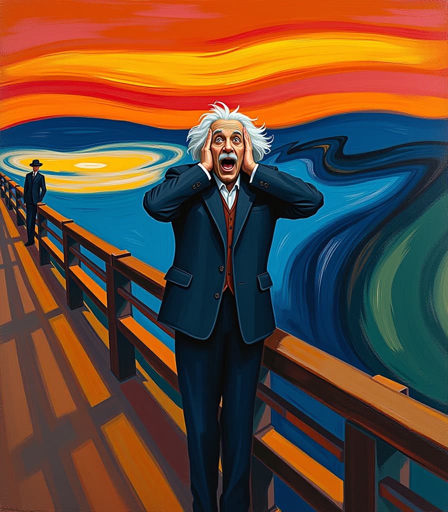  abstract expressionist painting masterpiece. (painting. the painting “the scream” by norwegian expressionist painter edvard munch. (albert einstein:1.5) standing on a bridge with surprised eyes and open mouth and hands covering ears and head from surprise:1.5). (intense close up:1.5). highly detailed strokes, clarity. surrealism, fantasy, expressionism. (style of artist edvard munch:1.5.) . energetic brushwork, bold colors, abstract forms, expressive, emotional hyperrealistic, full body, detailed clothing, highly detailed, cinematic lighting, stunningly beautiful, intricate, sharp focus, f/1. 8, 85mm, (centered image composition), (professionally color graded), ((bright soft diffused light)), volumetric fog, trending on instagram, trending on tumblr, HDR 4K, 8K