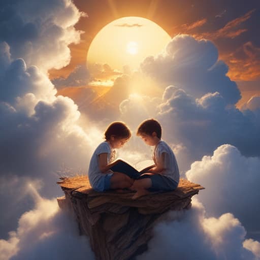 children are reading books among the clouds and the sun is rising