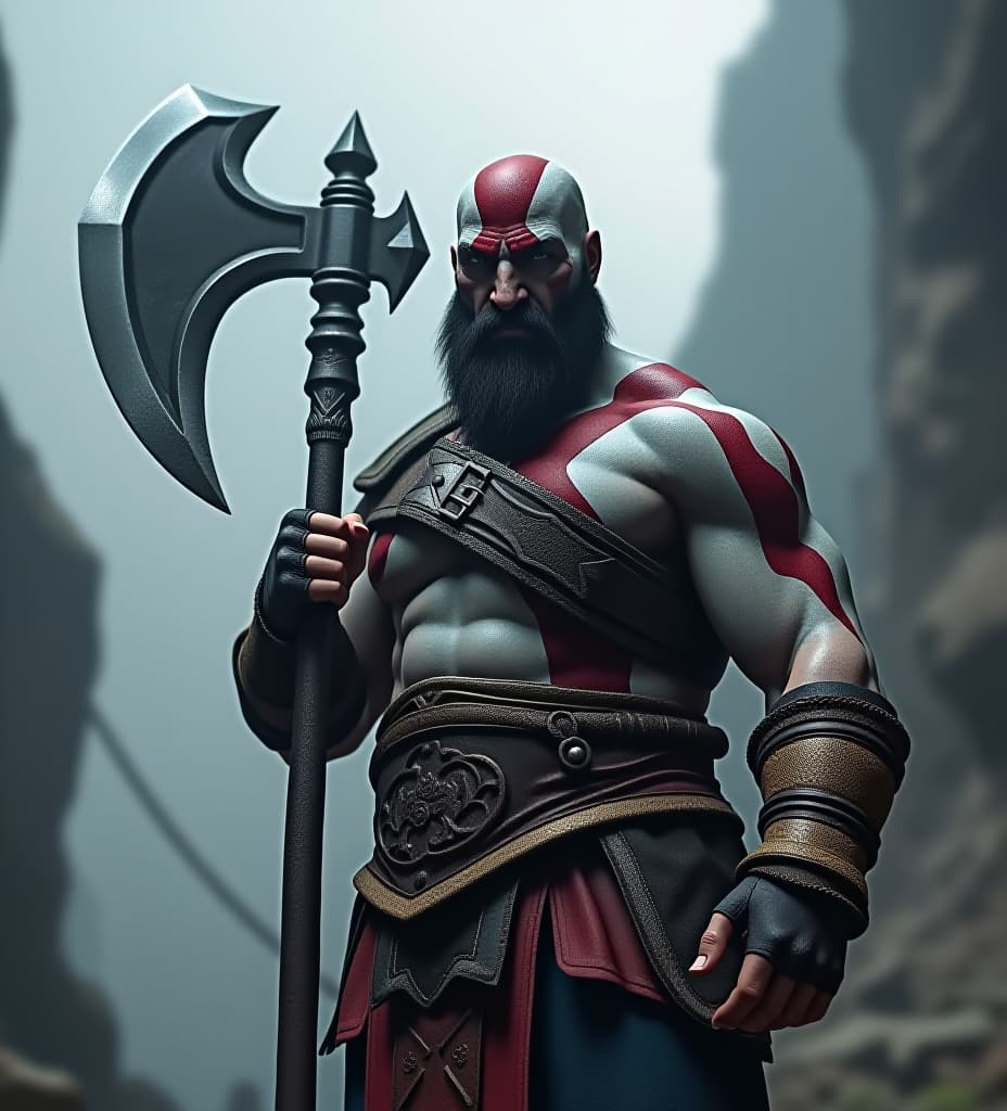  god of war kratos, holding leviathan axe, ultra high definition, dystopian futuristic setting