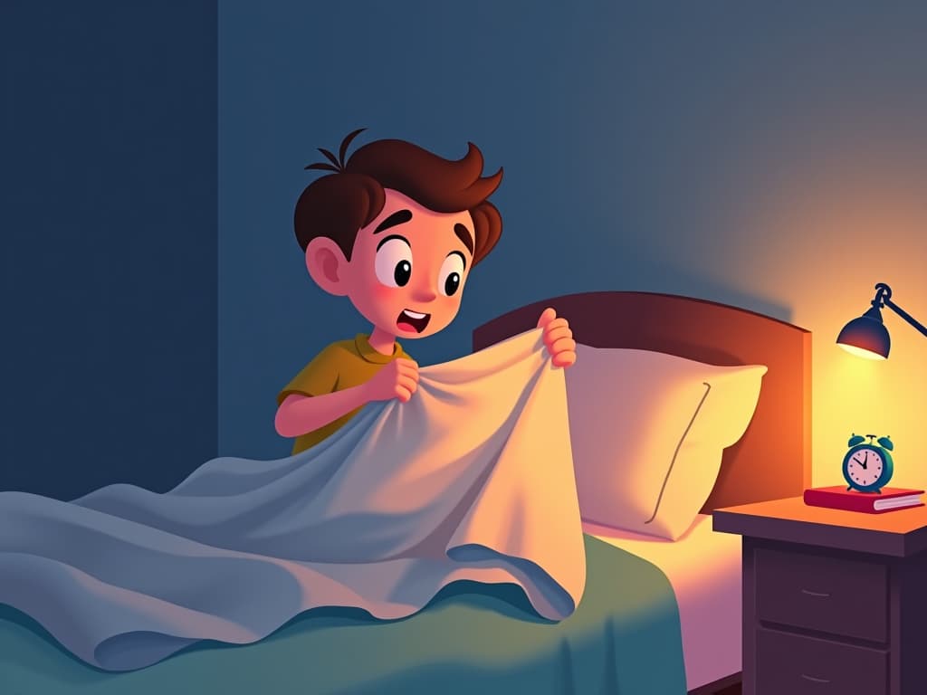  a cartoon man carefully tucks the blanket in a cozy bed. in the room soft light from the night light, on the nightstand is a book and an alarm clock. everything looks simple and homely, with smooth lines and warm colors.