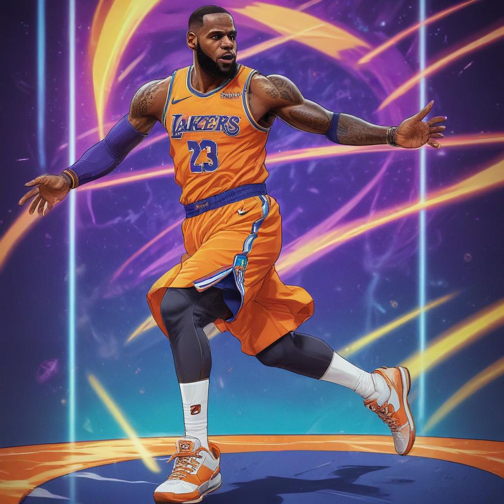 distance-shot, flashy, full-body, dynamic, holographic, animated cartoon poster of lebron james in the style of dragon ball super