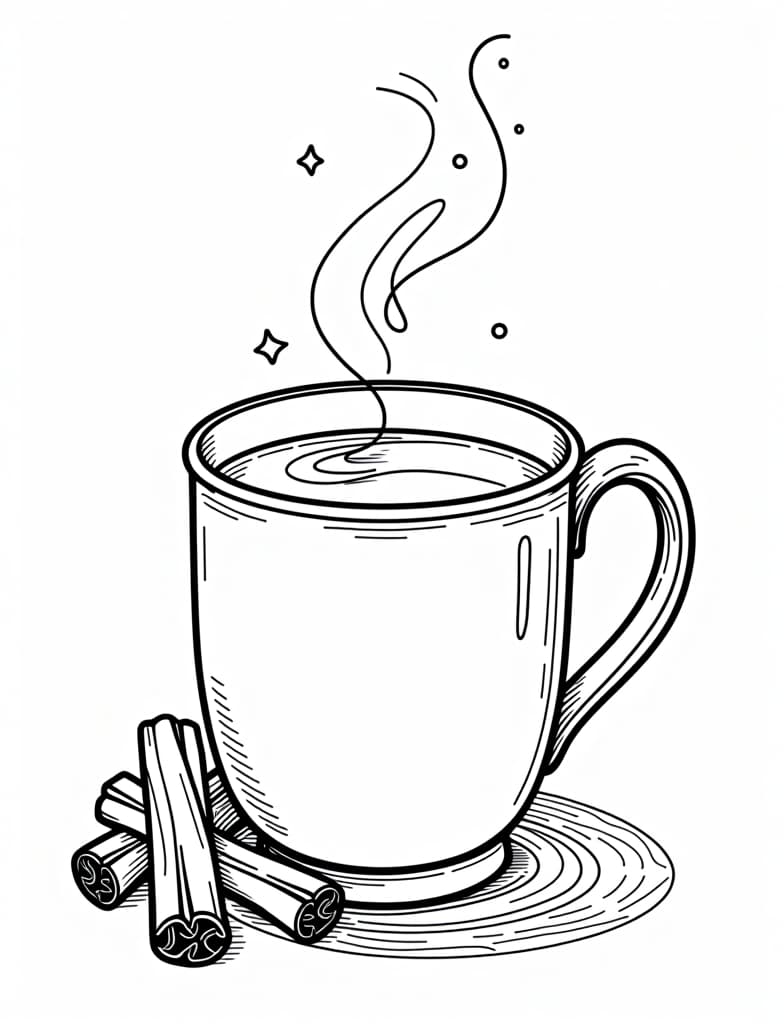  a steaming mug of hot cider with cinnamon sticks, black and white line art on a white background, for an adult coloring page.