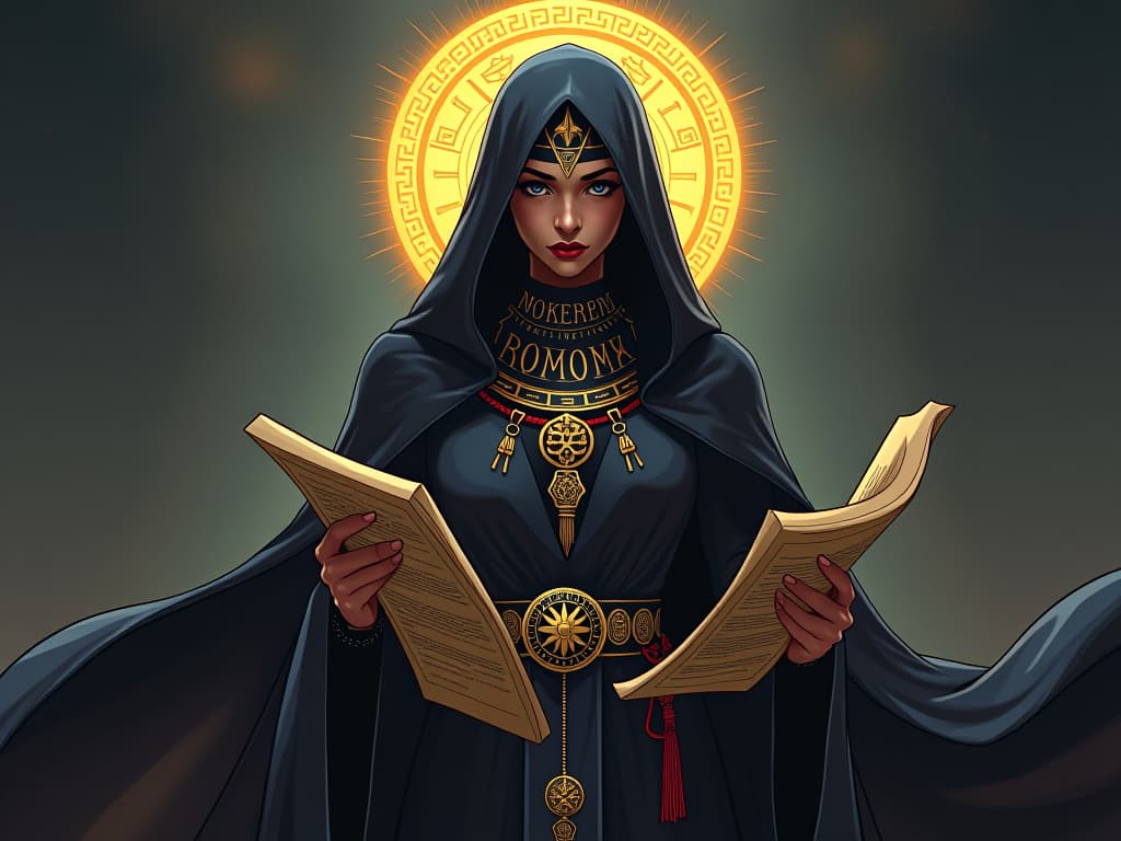  a regal, veiled woman in flowing dark robes, holding ancient roman scrolls, glowing symbols in the background, oracle atmosphere. the style is digital art illustration / modern comic book / mysterious occult, symbolic, esoteric vibe,high detail on character design, incorporating ancient egyptian symbology and attire.