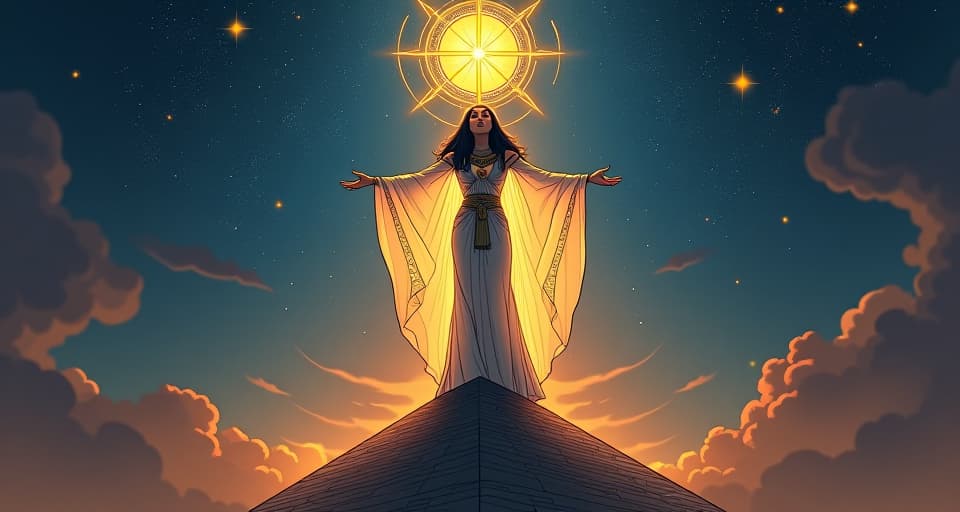  high priestess in flowing, transparent robes, standing atop a sacred pyramid under a canopy of stars, open arms, aligning with celestial energies, divine purpose. the style is digital art illustration / modern comic book / mysterious occult, symbolic, esoteric vibe,high detail on character design, incorporating ancient egyptian symbology and attire.