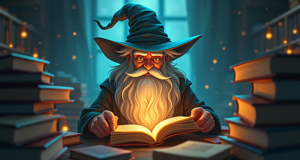  a perplexed wizard surrounded by scattered, glowing books. his expression is one of bafflement as the ethereal light conceals the deeper knowledge.. the style is digital art illustration,highly detailed, whimsical,magical, dreamlike atmosphere, realism and fantasy blend, smooth, glossy textures,luminous quality, wonder and enchantment.