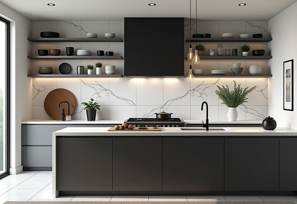  a landscape photo of a contemporary kitchen featuring a bold geometric tile backsplash, floating shelves, and matte black fixtures against a crisp white background hyperrealistic, full body, detailed clothing, highly detailed, cinematic lighting, stunningly beautiful, intricate, sharp focus, f/1. 8, 85mm, (centered image composition), (professionally color graded), ((bright soft diffused light)), volumetric fog, trending on instagram, trending on tumblr, HDR 4K, 8K