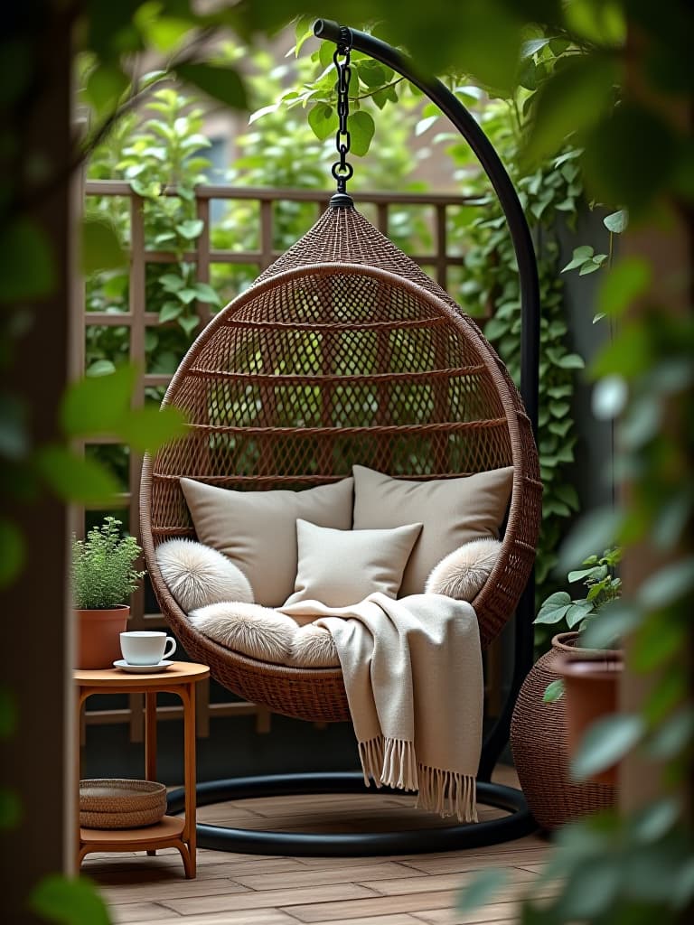  high quality portrait photo of an intimate patio corner featuring a hanging egg chair with fluffy cushions, a soft throw blanket, and a side table with a steaming cup of coffee, framed by climbing vines on a trellis hyperrealistic, full body, detailed clothing, highly detailed, cinematic lighting, stunningly beautiful, intricate, sharp focus, f/1. 8, 85mm, (centered image composition), (professionally color graded), ((bright soft diffused light)), volumetric fog, trending on instagram, trending on tumblr, HDR 4K, 8K