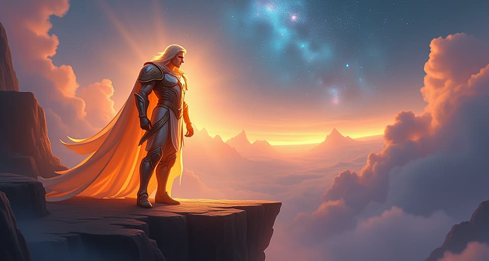  a powerful celestial warrior with glowing armor, standing firm atop a radiant cliff overlooking a celestial landscape. around him, bright energy pulses with strength, representing confidence as a fortress. ethereal landscape, radiant aura, strong and unyielding.. the style is digital art illustration,highly detailed, whimsical,magical, dreamlike atmosphere, realism and fantasy blend, smooth, glossy textures,luminous quality, wonder and enchantment.