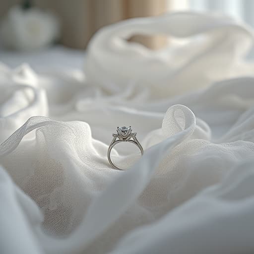  create an image with the following specifications: main subject: description: a white gold engagement ring elegantly placed on a bride's lace veil. style: delicate and romantic. setting: location: soft lit bridal dressing room. composition: framing: close up shot focusing on the ring and veil texture. style: art movement: modern romantic. technique: soft focus photography. atmosphere: mood: ethereal and dreamy. color palette: dominant colors: white, ivory, soft gray. mood: pure and elegant. details: foreground: intricate lace patterns of the veil with the ring as the focal point. background: blurred dressing room elements suggesting a bridal setting. technical specs: aspect ratio: 4:3. negative prompt: avoid: fingers, hands, text,  hyperrealistic, full body, detailed clothing, highly detailed, cinematic lighting, stunningly beautiful, intricate, sharp focus, f/1. 8, 85mm, (centered image composition), (professionally color graded), ((bright soft diffused light)), volumetric fog, trending on instagram, trending on tumblr, HDR 4K, 8K