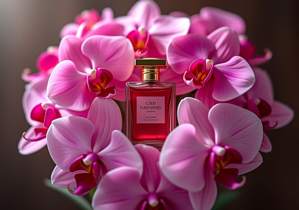  a symphony of blossoms: a perfume bottle nestled in a bouquet of vibrant orchids