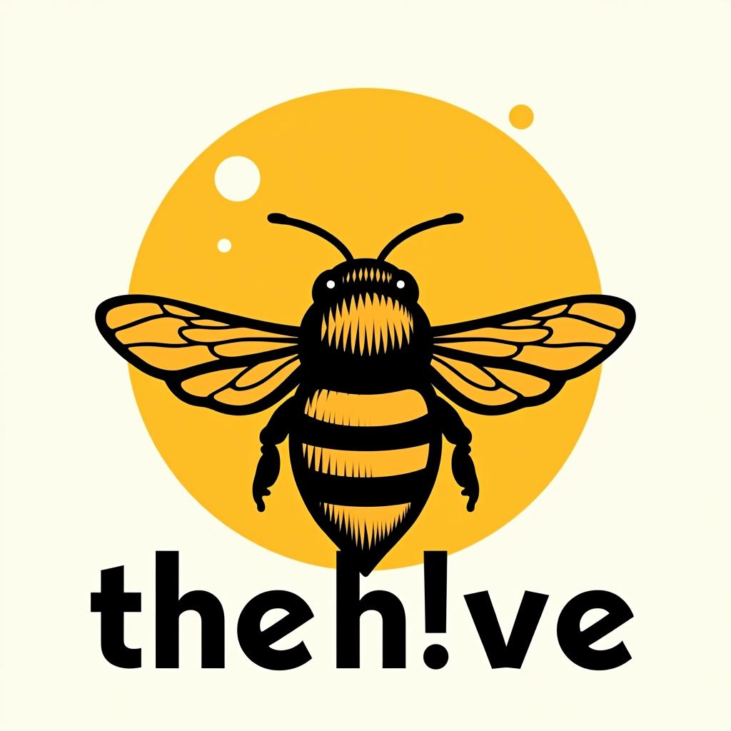  design a logo, yellow and black with a honeycomb and a bee in front of it , with the text 'the h!ve'.