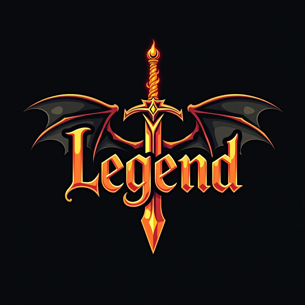  design a logo, custom sticker design on an isolated black background with the words ‘legend’ in bold font decorated by mythical dragons and a flaming sword