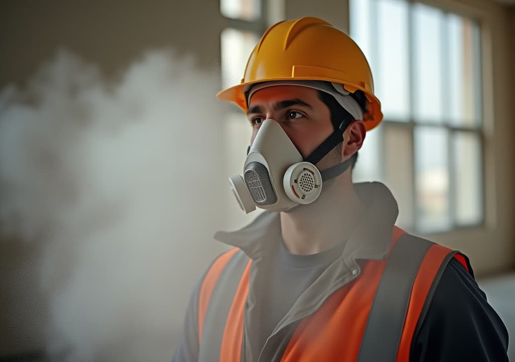  professional construction worker wearing a high grade dust mask, surrounded by lot of floating particles of glass wool dust in a construction site