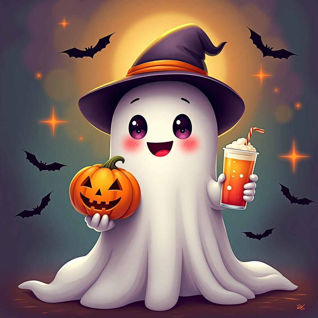  create a digital painting featuring a cute ghost character. the ghost should be wearing a hat. in one hand, the ghost should hold a pumpkin with a carved face, and in the other hand, a halloween themed drink. the background should be colorfull and include small black bats and stars to add a playful halloween touch. the overall style should be cute, whimsical, and colorful hyperrealistic, full body, detailed clothing, highly detailed, cinematic lighting, stunningly beautiful, intricate, sharp focus, f/1. 8, 85mm, (centered image composition), (professionally color graded), ((bright soft diffused light)), volumetric fog, trending on instagram, trending on tumblr, HDR 4K, 8K