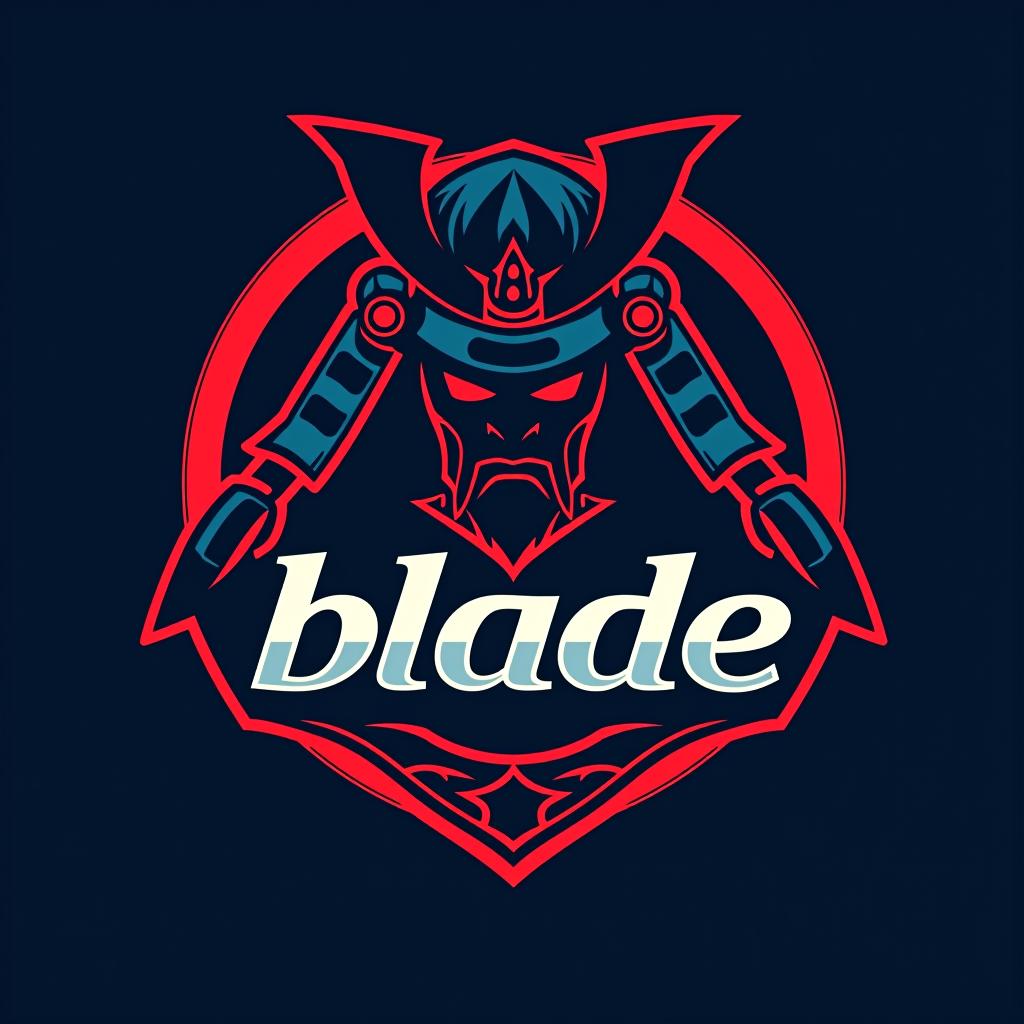  design a logo, emblem logo, with the written text ‘blade’, samurai theme, red and blue.