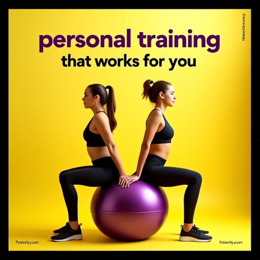  design a bold, fitness themed social media post with the following details: background: use a light yellow background with a black border around the edges, giving the design a framed look. add a subtle texture or pattern to the background for added depth. headline: place the text 'personal training that works for you' at the top, using two different font styles: 'personal training that' should be in a bold, italicized sans serif font in a cream color with a black shadow. 'works for you' should be in a larger, bold sans serif font in purple with a thick black outline and shadow effect, creating a strong emphasis. main image: center an image of two women engaged in a fitness activity, such as using a stability ball. the image should be frame hyperrealistic, full body, detailed clothing, highly detailed, cinematic lighting, stunningly beautiful, intricate, sharp focus, f/1. 8, 85mm, (centered image composition), (professionally color graded), ((bright soft diffused light)), volumetric fog, trending on instagram, trending on tumblr, HDR 4K, 8K