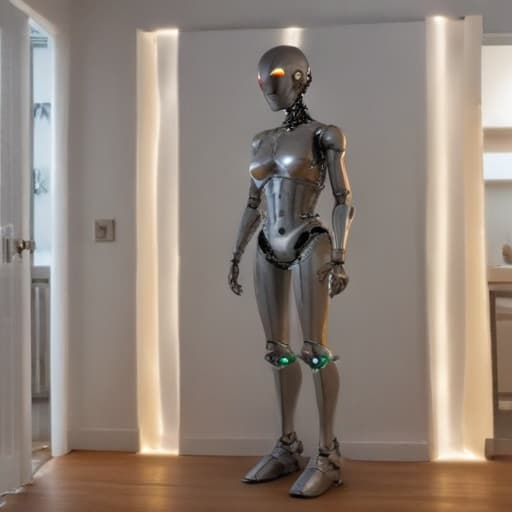 A metal robot with lights and no face just a plate with pretty curves and a female body standing in a house