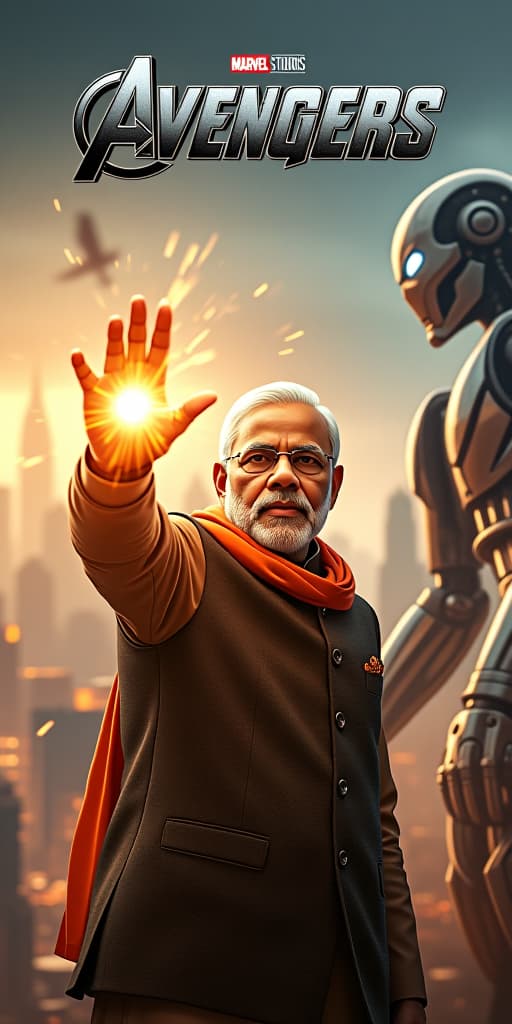  a hyper realistic movie poster titled "indian avengers" featuring narendra modi as a cyborg robot. he launches a powerful hand attack on ultron, his mechanical arm glowing with intense energy. modi’s face, part human and part robotic, is determined as the force of the strike sends shockwaves through the scene. the background shows a futuristic cityscape with indian architecture, with the title "indian avengers" prominently displayed above.