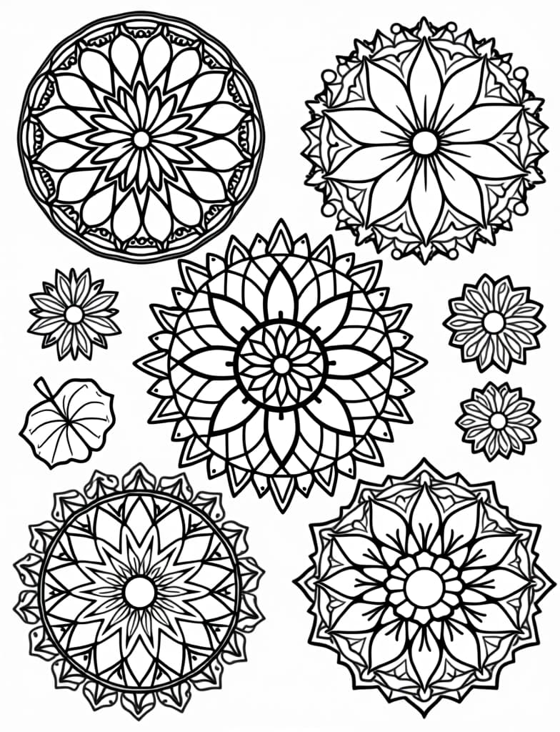  a collection of fall themed mandalas, black and white line art on a white background, for an adult coloring page.