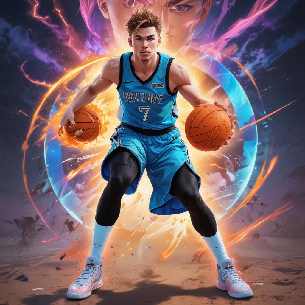 distance-shot, flashy, full-body, dynamic, holographic, animated cartoon poster of luka doncic in the style of dragon ball super