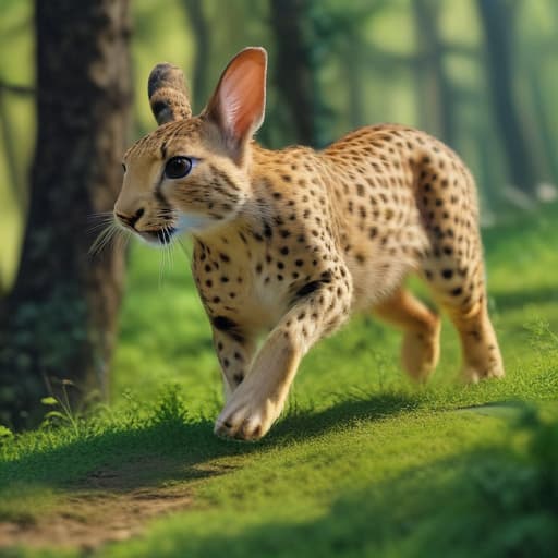 A rabbit in the color of a cheetah is running in the green forest