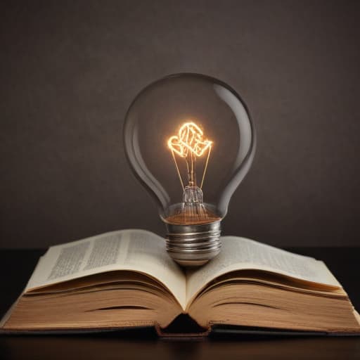 An image of a (((lightbulb))) over an open book, symbols of various themes like a heart and a globe floating around, creative lighting, detailed, realistic