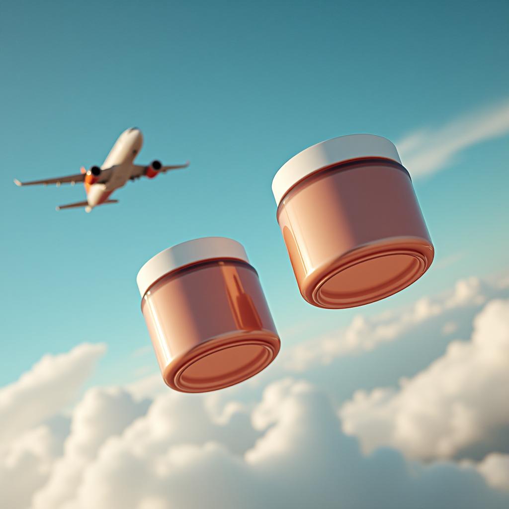  flying cosmetic jars against the backdrop of the sky and an airplane.