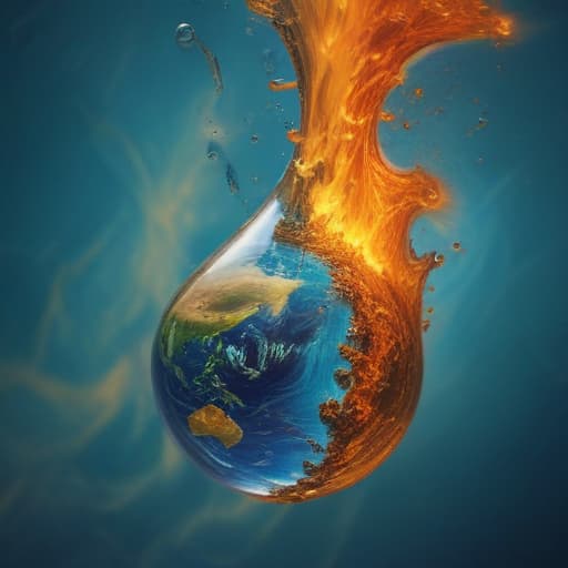 An image of earth within a droplet of fire falling through the air into water in Van Gogh style