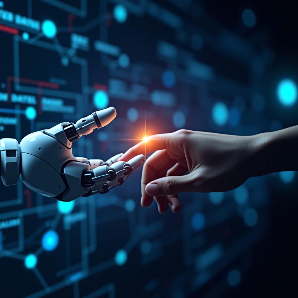  machine learning, hands of robots and humans touching on big data network connection background, science and artificial intelligence technology, innovation, and futuristic design