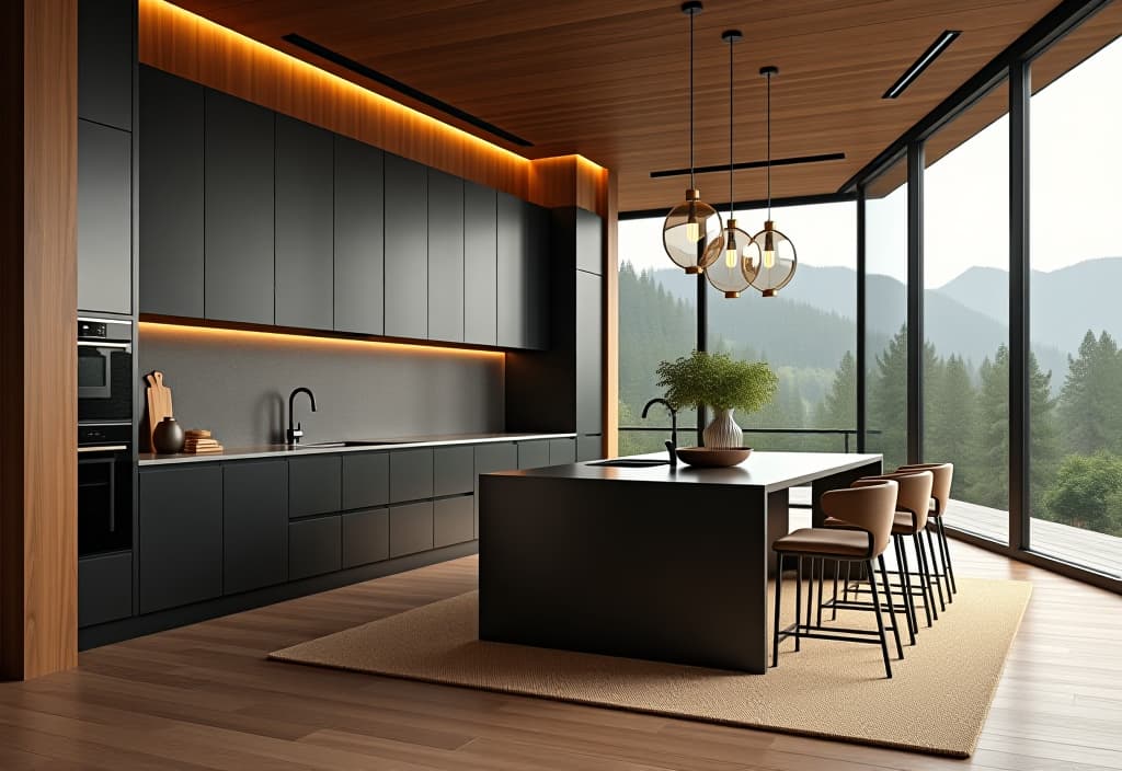  a landscape photo of a contemporary kitchen featuring a mix of materials, including warm wood tones, matte black finishes, and brushed gold accents, with a statement island and geometric pendant lights hyperrealistic, full body, detailed clothing, highly detailed, cinematic lighting, stunningly beautiful, intricate, sharp focus, f/1. 8, 85mm, (centered image composition), (professionally color graded), ((bright soft diffused light)), volumetric fog, trending on instagram, trending on tumblr, HDR 4K, 8K