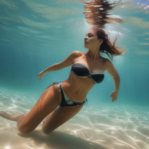 tanned woman with a big hips floundering underwater