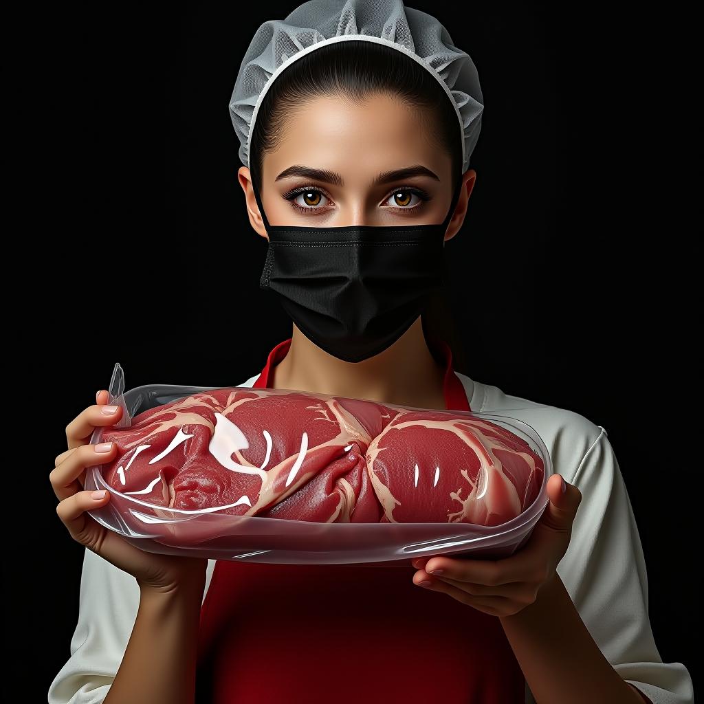  beautiful brazilian woman, light brown eyes, holding a vacuum packed meat, wearing a black mask, red apron and disposable cap, black background, realistic, portrait, art by donato giancola and greg rutkowski, realistic face, digital art, trending on artstation, high quality high detail painting by rembrandt, hd, photorealistic lighting, style of rembrandt hyperrealistic, full body, detailed clothing, highly detailed, cinematic lighting, stunningly beautiful, intricate, sharp focus, f/1. 8, 85mm, (centered image composition), (professionally color graded), ((bright soft diffused light)), volumetric fog, trending on instagram, trending on tumblr, HDR 4K, 8K