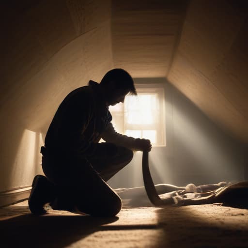 A photo of an industrious air duct cleaner inspecting the duct system in a dimly lit attic during the late afternoon, with sunlight streaming in through a small dusty window, casting dramatic shadows and highlighting the particles in the air.