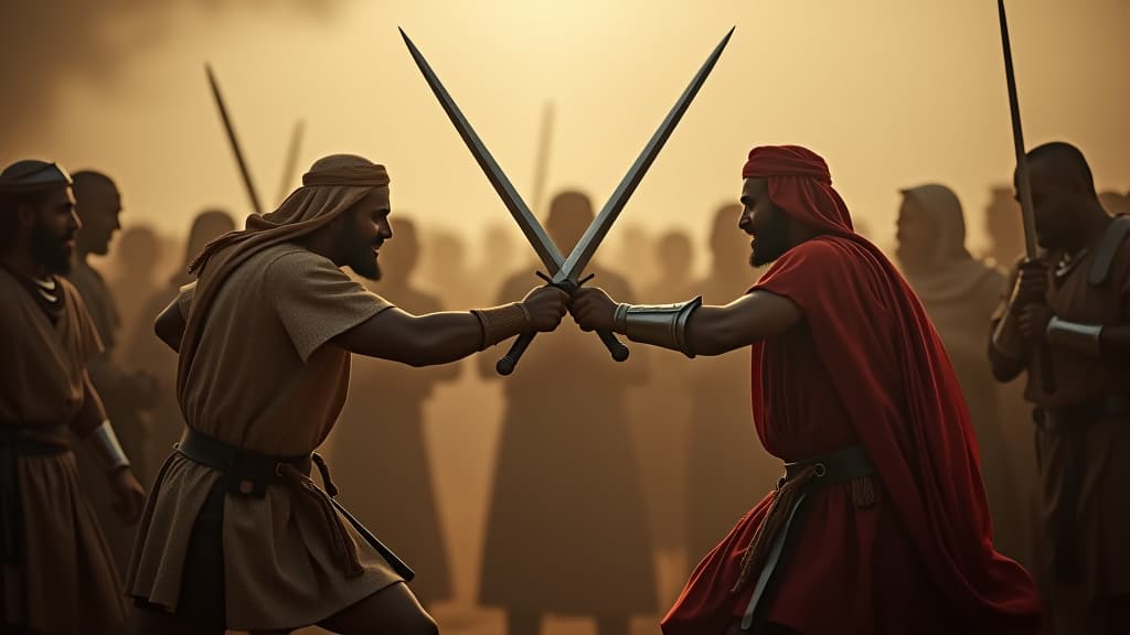  history of biblical times, midianites in chaos, swords drawn against each other amidst the noise and confusion. hyperrealistic, full body, detailed clothing, highly detailed, cinematic lighting, stunningly beautiful, intricate, sharp focus, f/1. 8, 85mm, (centered image composition), (professionally color graded), ((bright soft diffused light)), volumetric fog, trending on instagram, trending on tumblr, HDR 4K, 8K