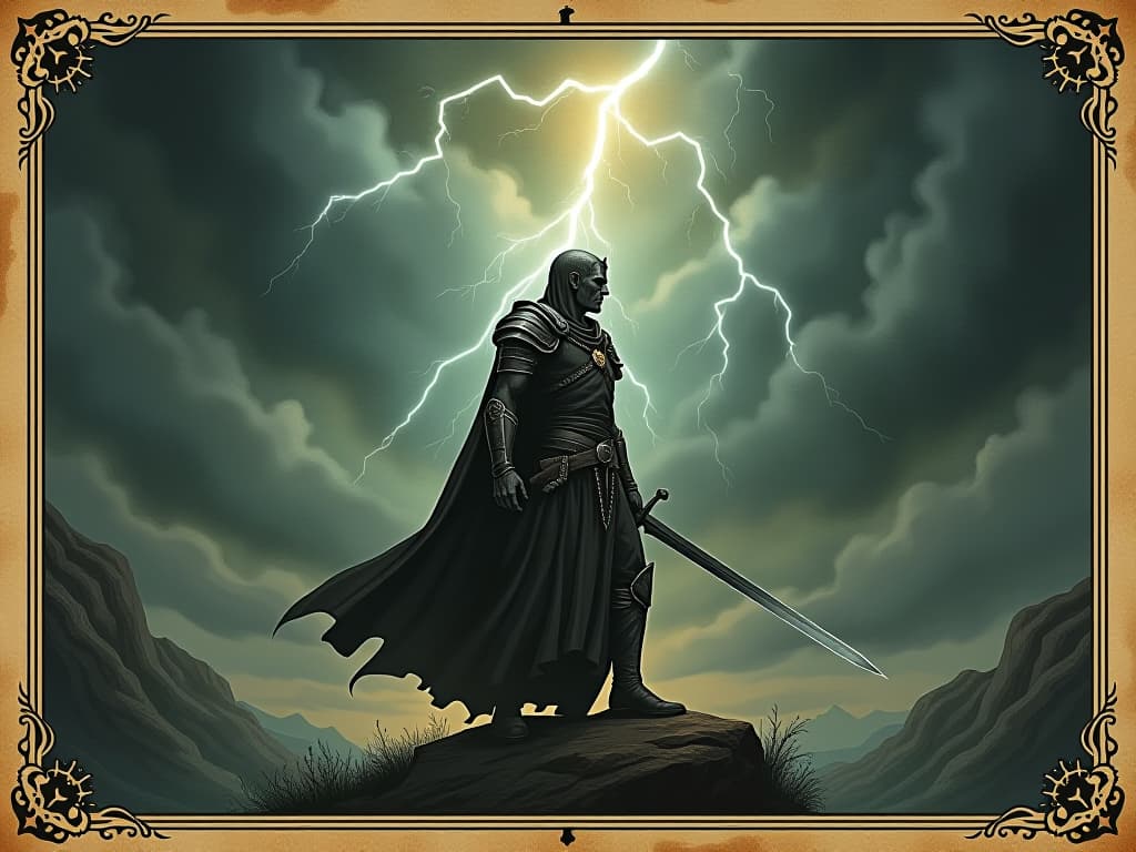  a warrior standing with a determined gaze, sword drawn, dark stormy skies, lightning illuminating the scene, mood of resilience and defiance. an illustration in the style of a worn, mystical old tarot trump card, mysterious and elements of surrealism. the colors are muted, somber and eerie, but with contrast bring out an occult and esoteric vibe.