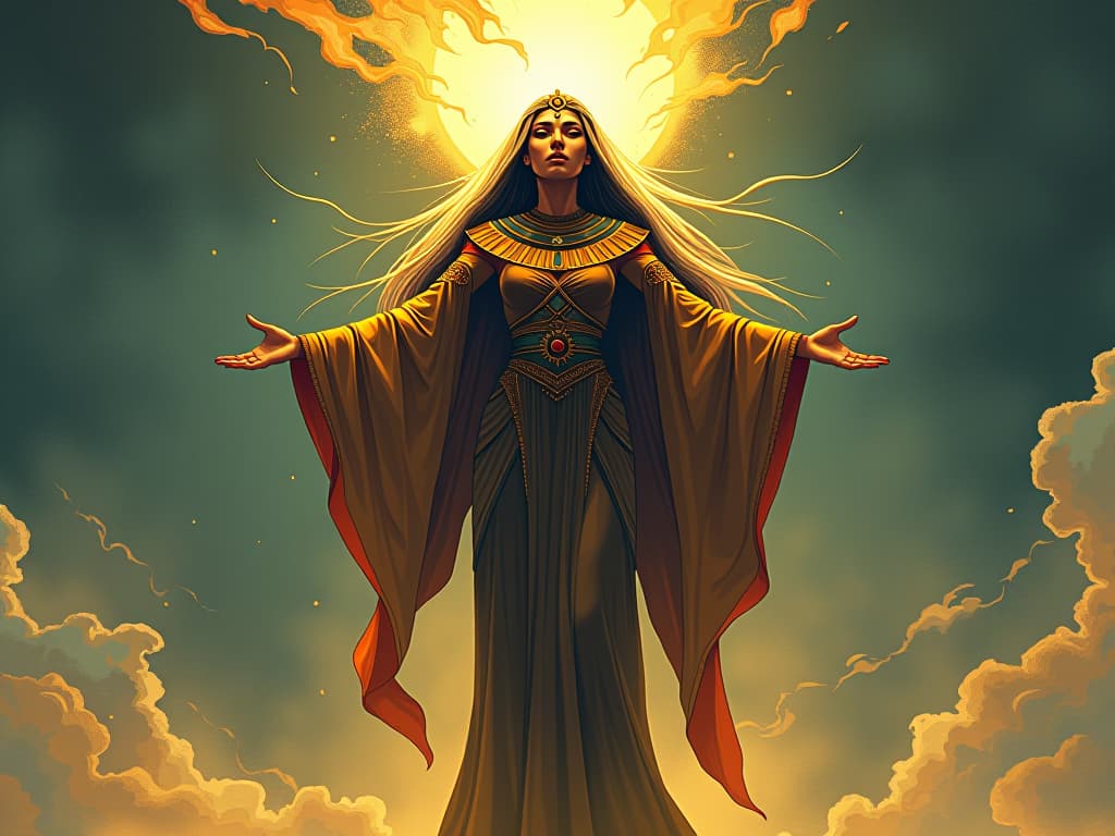  priestess in tight, flowing robes, standing with open arms, facing the wind of change, symbolic of accepting transformation. the style is digital art illustration / modern comic book / mysterious occult, symbolic, esoteric vibe,high detail on character design, incorporating ancient egyptian symbology and attire.