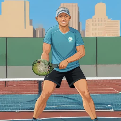 Create image of Me dominating in pickleball in Cartoon style with City background