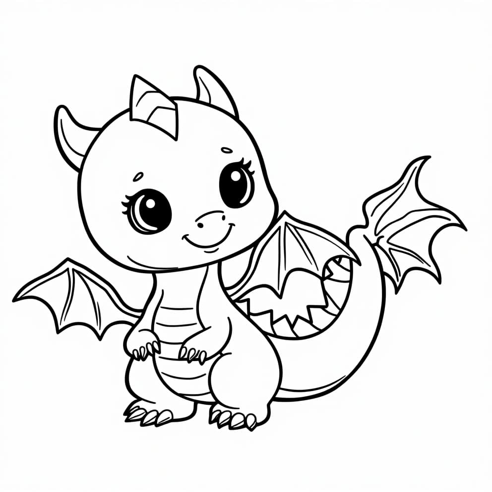  a coloring book page, white background, showing a coloring book page featuring a cute, chibi style dragon and a . the dragon should have big, friendly eyes and a expression, while the should be smiling and holding onto the dragon's tail. the scene should be simple and easy for ren to color.