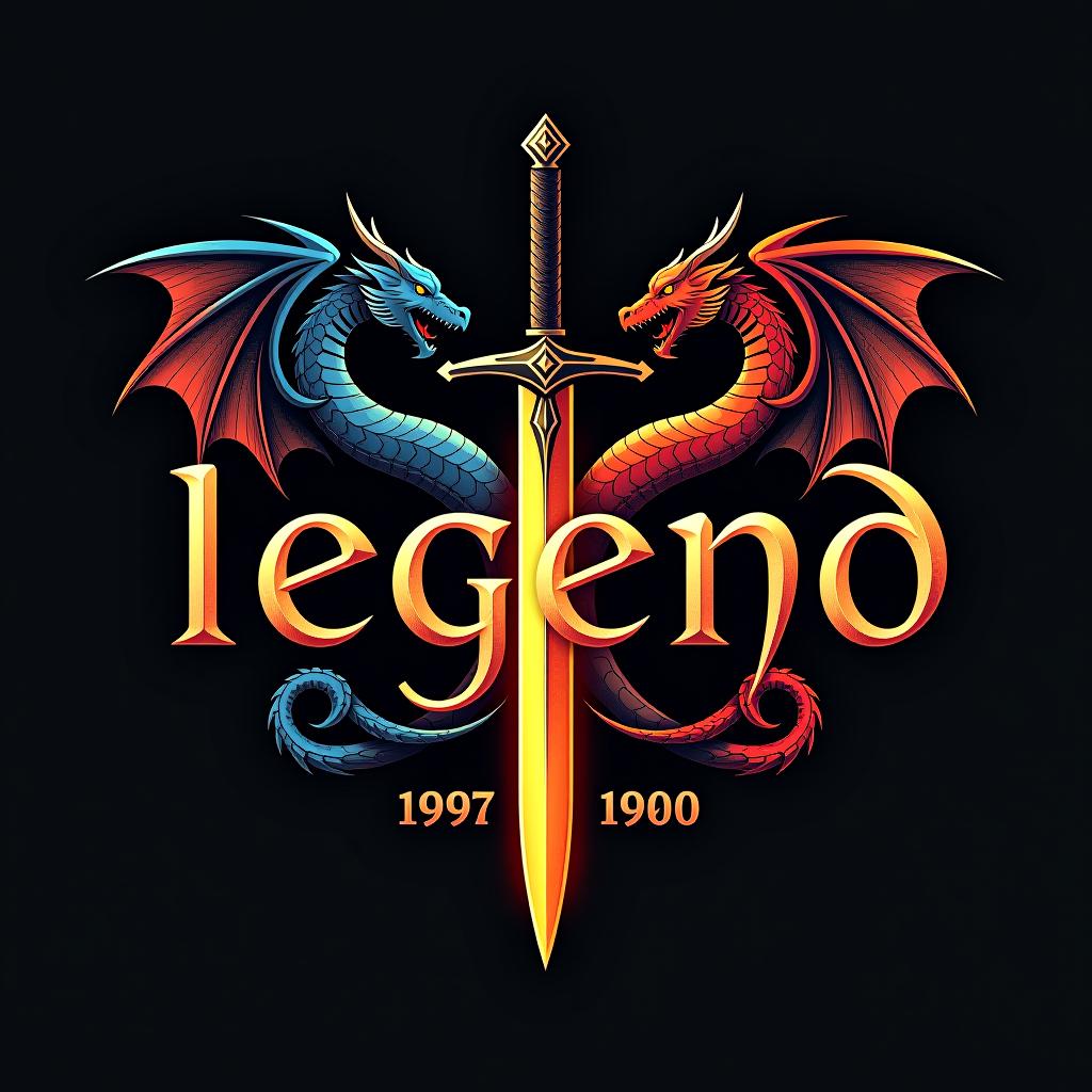  design a logo, custom sticker design on an isolated black background with the words ‘legend’ in bold font decorated by mythical dragons and a flaming sword