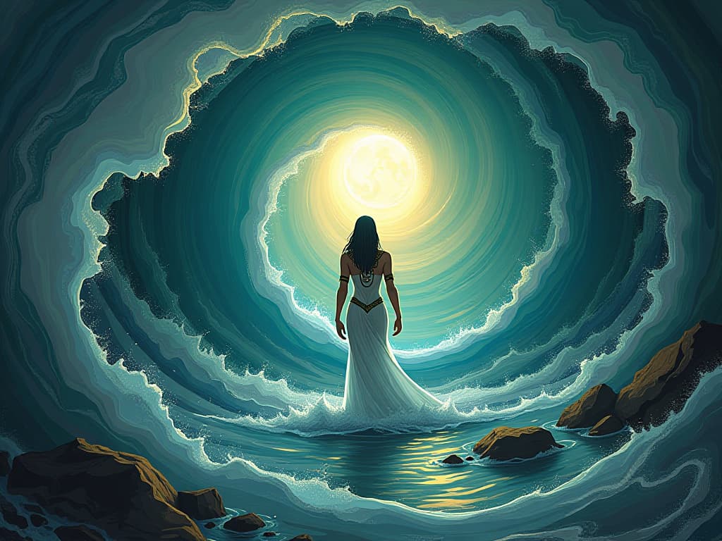  a swirling vortex blending land and sea, time visibly warping around its edges, ethereal figures and symbols outlining the boundary of time’s relativity, fluid and dreamlike essence.. the style is digital art illustration / modern comic book / mysterious occult, symbolic, esoteric vibe,high detail on character design, incorporating ancient egyptian symbology and attire.