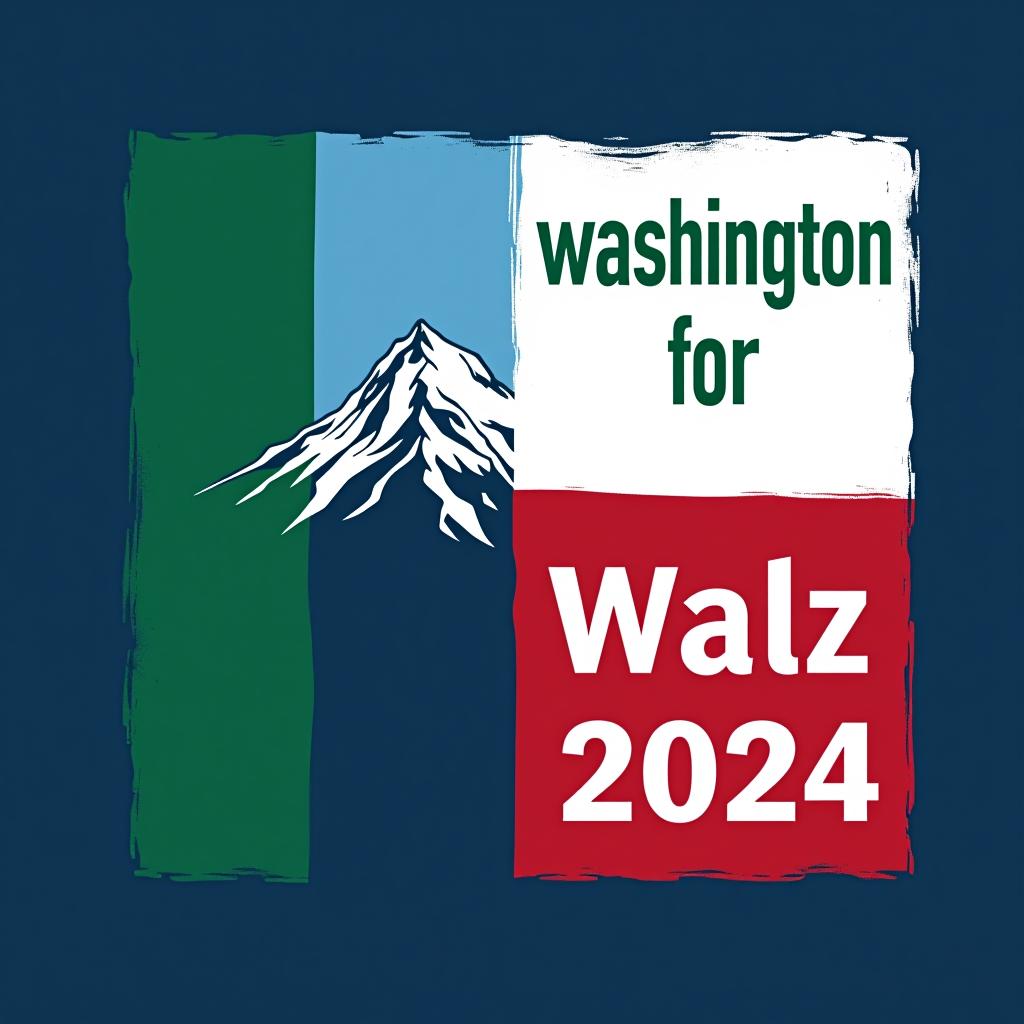  a tshirt design inspired by the washington state flag. the left side features a green vertical stripe with a large mountain in the center. the right side is divided into two horizontal sections: the top section is white with the text 'washington for' in bold, green, uppercase letters, and the bottom section is red with the text 'harris walz 2024' in bold, white, uppercase letters. the overall layout is clean and straightforward, with a clear and patriotic color scheme of blue, white, and red.