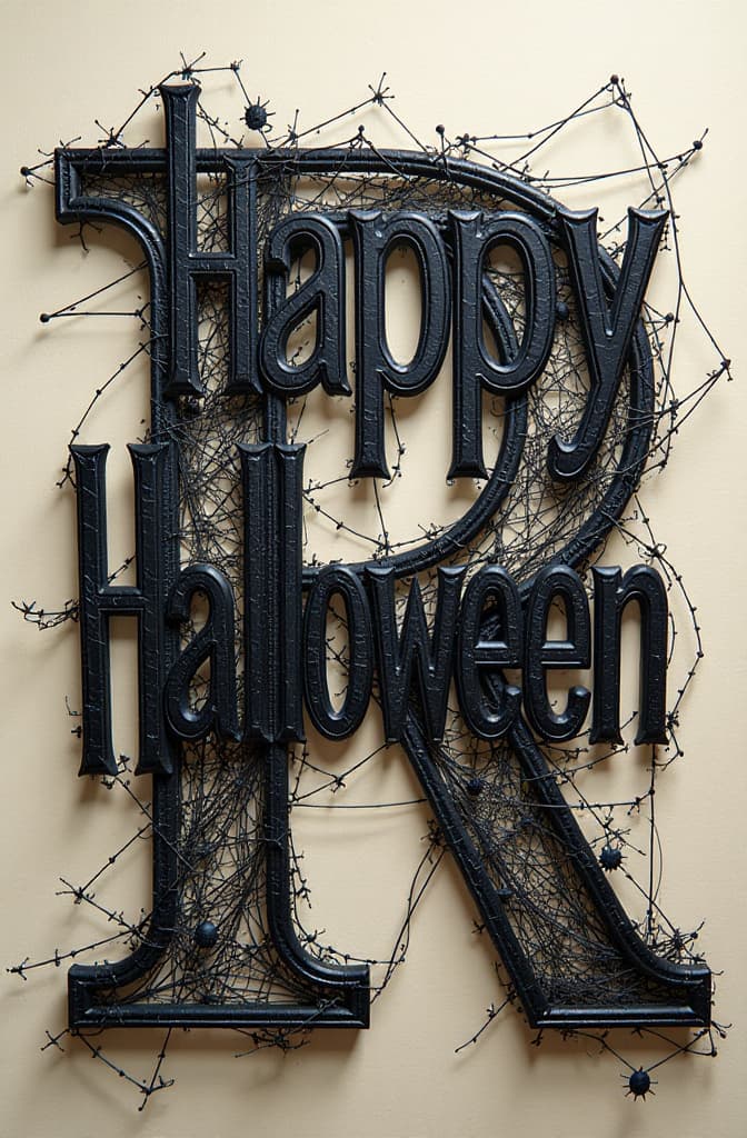  letter “happy halloween” black letters woven from spider web ar 2:3 {prompt}, maximum details