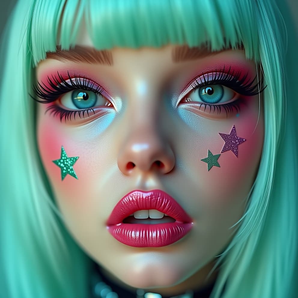  close up of an androgynous pastel goth punk woman with big eyelashes, star shaped glitter and stickers on her face, glossy punk lipstick. in the style of kawaii aesthetic, hyper realistic portraits in light cyan and green, cute cartoonish designs, barbiecore, hyper detailed illustration, shiny/glossy. fear and loathing.hyper detail, intricate details, sharp focus, high resolution, 8k, ultra detailed, vib