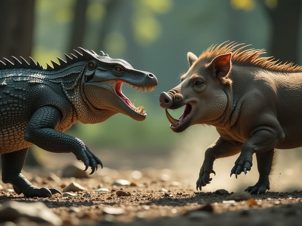  the komodo dragon lunges forward, its powerful jaws open wide, while the boar charges with its tusks aimed at the reptile, both in a fierce confrontation. camera settings: iso 400, f/4, 1/1600 sec. hyperrealistic, full body, detailed clothing, highly detailed, cinematic lighting, stunningly beautiful, intricate, sharp focus, f/1. 8, 85mm, (centered image composition), (professionally color graded), ((bright soft diffused light)), volumetric fog, trending on instagram, trending on tumblr, HDR 4K, 8K